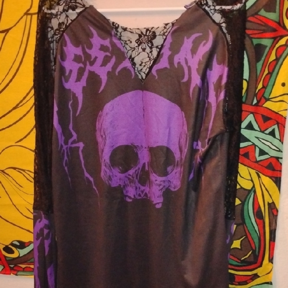Edgy Skull Graphic Top with Lace Details